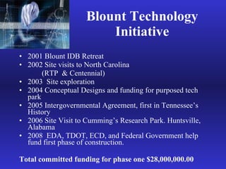 Blount Technology Initiative 2001 Blount IDB Retreat 2002 Site visits to North Carolina  (RTP  & Centennial) 2003  Site exploration 2004 Conceptual Designs and funding for purposed tech park 2005 Intergovernmental Agreement, first in Tennessee’s History 2006 Site Visit to Cumming’s Research Park. Huntsville, Alabama 2008  EDA, TDOT, ECD, and Federal Government help fund first phase of construction. Total committed funding for phase one $28,000,000.00 