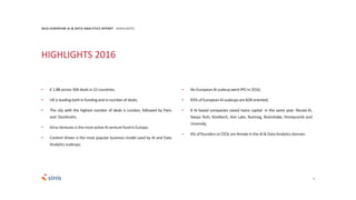 HIGHLIGHTS 2016
5
• € 1.8B across 306 dealsin 22 countries;
• UK is leadingbothin fundingandin numberof deals;
• The city ...