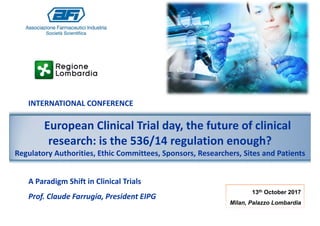 INTERNATIONAL CONFERENCE
European Clinical Trial day, the future of clinical
research: is the 536/14 regulation enough?
Regulatory Authorities, Ethic Committees, Sponsors, Researchers, Sites and Patients
A Paradigm Shift in Clinical Trials
Prof. Claude Farrugia, President EIPG
13th October 2017
Milan, Palazzo Lombardia
 