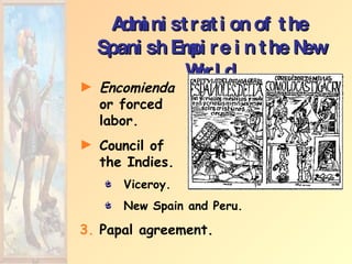 Administration of the Spanish Empire in the New World Encomienda  or forced  labor. Council of  the Indies. Viceroy. New Spain and Peru. Papal agreement. 