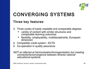 CONVERGING SYSTEMS Three key features : Three cycles of easily readable and comparable degrees  variety of content with similar structures and comparable learning outcomes flexibility, employability, multidisciplinarity, European dimension Compatible credit system - ECTS Co-operation in quality assurance NOT an attempt at harmonisation/homogenisation but creating connections/convergence between diverse national educational systems CBIE Conference, St.Johns, Canada  2nd November 2008 