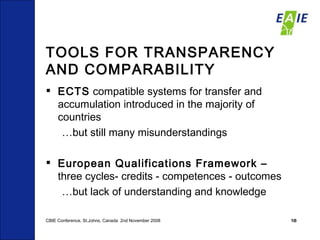 TOOLS FOR TRANSPARENCY AND COMPARABILITY ECTS  compatible systems for transfer and accumulation introduced in the majority of countries  … but still many misunderstandings European Qualifications Framework –  three cycles- credits - competences - outcomes … but lack of understanding and knowledge CBIE Conference, St.Johns, Canada  2nd November 2008 
