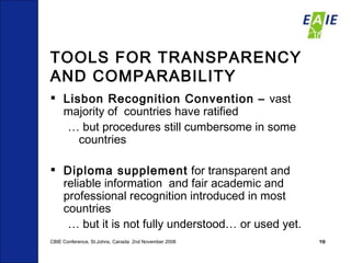 TOOLS FOR TRANSPARENCY AND COMPARABILITY Lisbon Recognition Convention –  vast majority of  countries have ratified   …  but procedures still cumbersome in some countries Diploma supplement  for transparent and reliable information  and fair academic and professional recognition introduced in most countries …  but it is not fully understood… or used yet. CBIE Conference, St.Johns, Canada  2nd November 2008 