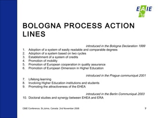 BOLOGNA PROCESS ACTION LINES introduced in the Bologna Declaration 1999 Adoption of a system of easily readable and comparable degrees  Adoption of a system based on two cycles Establishment of a system of credits Promotion of mobility Promotion of European cooperation in quality assurance Promotion of European Dimension in Higher Education   introduced in the Prague communiqué 2001 7.  Lifelong learning 8. Involving Higher Education institutions and students 9.  Promoting the attractiveness of the EHEA   introduced in the Berlin Communiqué 2003 10.  Doctoral studies and synergy between EHEA and ERA CBIE Conference, St.Johns, Canada  2nd November 2008 