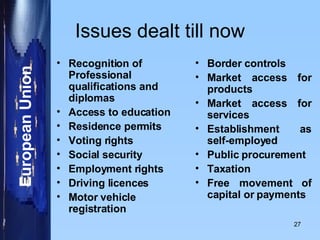 Issues dealt till now Recognition of Professional qualifications and diplomas  Access to education  Residence permits  Voting rights  Social security  Employment rights  Driving licences  Motor vehicle registration  Border controls  Market access for products  Market access for services  Establishment as self-employed  Public procurement  Taxation  Free movement of capital or payments  