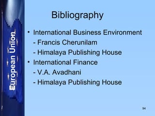 Bibliography International Business Environment - Francis Cherunilam - Himalaya Publishing House International Finance - V.A. Avadhani - Himalaya Publishing House 