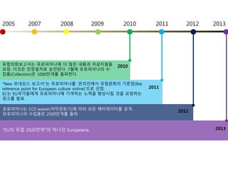 유로피아나는 CC0 waiver(저작권포기)에 따라 모든 메타데이터를 공개.
유로피아나의 수집품은 2500만개를 돌파.
“New 르네상스 보고서”는 유로피아나를 ‘온라인에서 유럽문화의 기준점(the
reference point for European culture online)’으로 선정.
EC는 EU국가들에게 유로피아나에 기여하는 노력을 향상시킬 것을 요청하는
권고를 발표.
유럽의회보고서는 유로피아나에 더 많은 내용과 자금지원을
요청. 이것은 만장일치로 승인된다. 7월에 유로피아나의 수
집품(Collection)은 1000만개를 돌파한다.
2005 2007 2008 2009 2010 2011 2012 2013
2010
2011
2012
“EU의 유럽 2020전략”의 하나인 Europeana. 2013
 