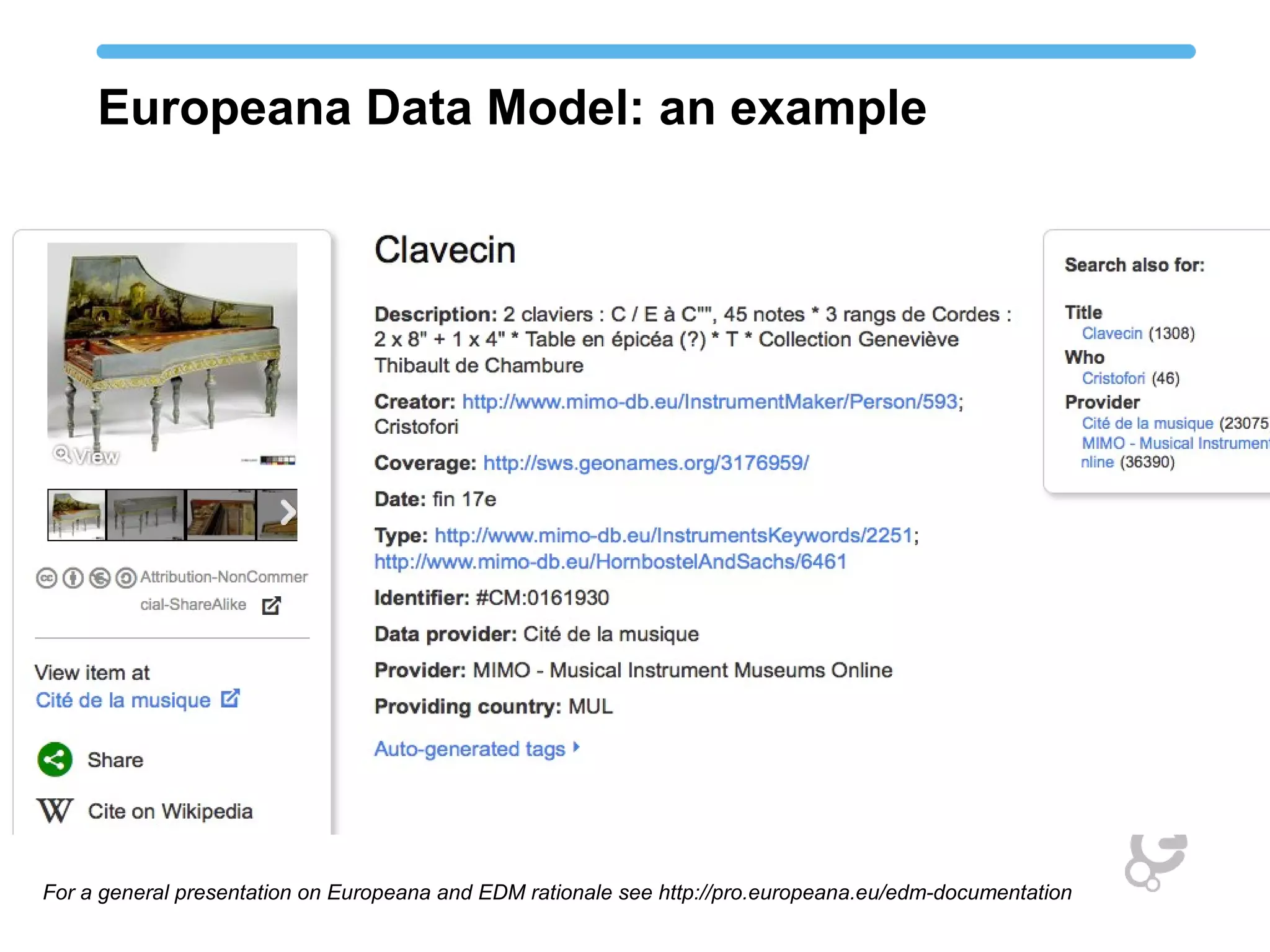Europeana Data Model: an example
For a general presentation on Europeana and EDM rationale see http://pro.europeana.eu/edm-documentation
 