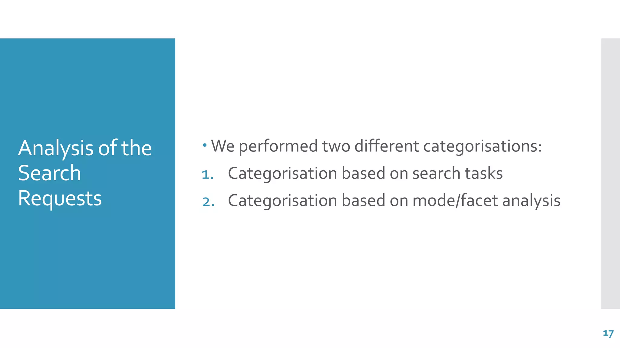 Analysis of the
Search
Requests
 We performed two different categorisations:
1. Categorisation based on search tasks
2. Categorisation based on mode/facet analysis
17
 