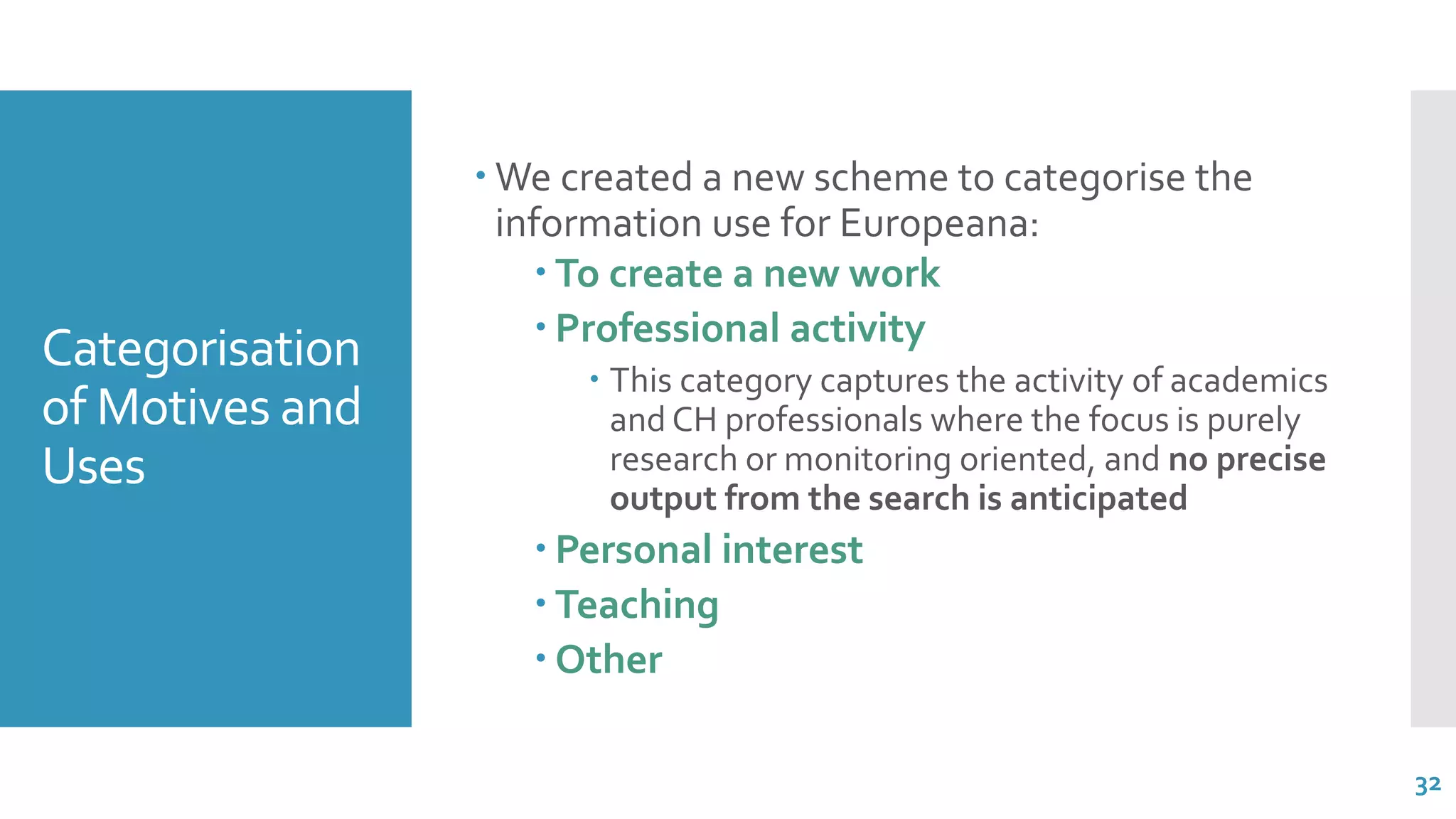 Categorisation
of Motives and
Uses
 We created a new scheme to categorise the
information use for Europeana:
 To create a new work
 Professional activity
 This category captures the activity of academics
and CH professionals where the focus is purely
research or monitoring oriented, and no precise
output from the search is anticipated
 Personal interest
 Teaching
 Other
32
 