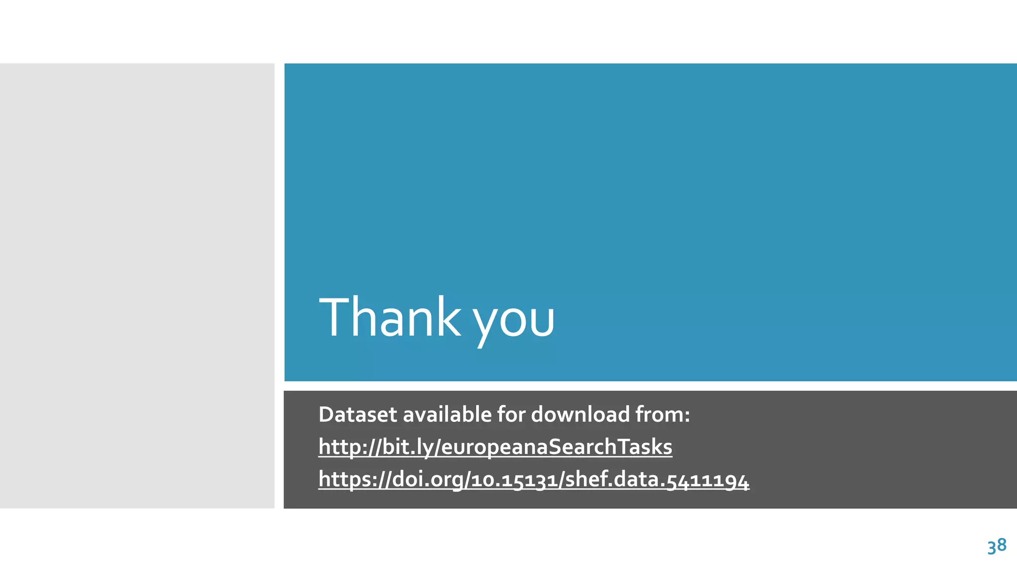 Thank you
Dataset available for download from:
http://bit.ly/europeanaSearchTasks
https://doi.org/10.15131/shef.data.5411194
38
 