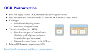 OCR Postcorrection
● Even with highly accurate OCR, there remain a few recognition errors
● Idea: train a machine translat...