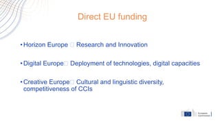 Creative Europe 2021-2027
Objectives
4 main strands for CULTURE
• Cooperation projects: Cooperation
between at least three...