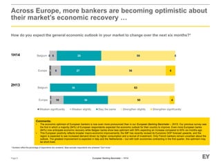 European Banking Barometer – 1H14
Across Europe, more bankers are becoming optimistic about
their market’s economic recovery …
How do you expect the general economic outlook in your market to change over the next six months?*
Page 6
* Numbers reflect the percentage of respondents who answered. Base excludes respondents who answered “Don’t know.”
Comments:
• The economic optimism of European bankers is now even more pronounced than in our European Banking Barometer – 2H13. Our previous survey was
the first in which a majority (54%) of European respondents expected the economic outlook for their country to improve. Even more European banks
(64%) now anticipate economic recovery while Belgian banks show less optimism with 59% expecting an increase compared to 63% six months ago.
• This European positivity reflects broader macro-economic improvements; the IMF has recently revised its Eurozone GDP forecast upwards, and the
region is expected to see increased demand driven by higher consumption and a revival of investment. Only French bankers remain uncertain about the
outlook. The greatest improvement is expected in Italy and the Netherlands – but with both economies contracting in the first quarter, this optimism may
be short-lived.
2H13
1H14
1 10 36
38
50
63
4Europe
Belgium
Weaken significantly Weaken slightly Stay the same Strengthen slightly Strengthen significantly
1
0
8
6
27
35
56
59
8
0
Europe
Belgium
 
