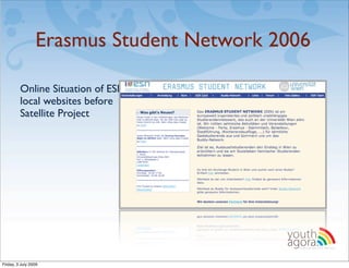 Erasmus Student Network 2006

         Online Situation of ESN
         local websites before
         Satellite Project




                                          youth
                                          agora.
                                            Enhancing online youth information




Friday, 3 July 2009
 