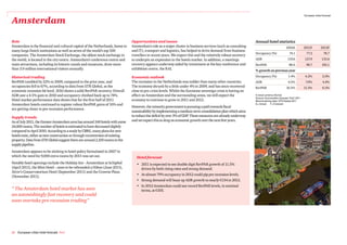 European cities forecast

Amsterdam

Role                                                                           Opportunities and issues                                                        Annual hotel statistics
Amsterdam is the financial and cultural capital of the Netherlands, home to    Amsterdam’s role as a major cluster in business services (such as consulting                             2010A           2011F         2012F
many large Dutch institutions as well as seven of the world’s top 500          and IT), transport and logistics, has helped to drive demand from business
                                                                                                                                                               Occupancy (%)               74.1          77.2            78.7
companies. The Amsterdam Stock Exchange, the oldest stock exchange in          travellers in recent years. We expect this and the relatively robust recovery
the world, is located in the city centre. Amsterdam’s conference centre and    to underpin an expansion in the hotels market. In addition, a meetings          ADR                        119.6         127.9          133.6
main attractions, including its historic canals and museums, draw more         recovery appears underway aided by investment at the key conference and         RevPAR                      88.6          98.7          105.1
than 3.9 million international visitors annually.                              exhibition centre, the RAI.                                                     % growth on previous year

Historical trading                                                             Economic outlook                                                                Occupancy (%)              1.4%          4.2%            2.0%
RevPAR tumbled by 22% in 2009, compared to the prior year, and                 The recession in the Netherlands was milder than many other countries.          ADR                        4.5%           7.0%           4.4%
occupancies fell to 67%, according to data from STR Global, as the             The economy shrunk by a little under 4% in 2009, and has since recovered        RevPAR                    16.5%          11.5%           6.5%
economic recession bit hard. 2010 shows a solid RevPAR recovery. Overall       close to pre-crisis levels. Whilst the Eurozone sovereign crisis is having an
ADR saw a 4.5% gain in 2010 and occupancy climbed back up to 74%.              effect on Amsterdam and the surrounding areas, we still expect the              In local currency (Euros)
                                                                                                                                                               Source: Econometric forecast: PwC 2011
Hotel market performance data shows that for the first half of 2011            economy to continue to grow in 2011 and 2012.                                   Benchmarking data: STR Global 2011
Amsterdam hotels continued to register robust RevPAR gains of 16% and                                                                                          A= Actual      F=Forecast
                                                                               However, the minority government is pursuing a path towards fiscal
are getting closer to pre-recession performance.
                                                                               sustainability by implementing a medium-term consolidation plan which aims
Supply trends                                                                  to reduce the deficit by over 3% of GDP. These measures are already underway
As of July 2011, the Greater-Amsterdam area has around 240 hotels with some    and we expect this to drag on economic growth over the next few years.
24,000 rooms. The number of hotels is estimated to have decreased slightly
compared to April 2010. According to a study by CBRE, many plans for new
hotels exist, either as new construction or through reconversion of existing
property. Data from STR Global suggest there are around 2,100 rooms in the
supply pipeline.
Amsterdam appears to be sticking to hotel policy formulated in 2007 in
which the need for 9,000 extra rooms by 2015 was set out.                         Hotel forecast
Notable hotel openings include the Holiday Inn - Amsterdam at Schiphol            • 2011 is expected to see double digit RevPAR growth of 11.5%
(April 2011), the Mint Hotel – soon to be rebranded a Hilton (June 2011),           driven by both rising rates and strong demand.
Alrov’s Conservatorium Hotel (September 2011) and the Crowne Plaza
                                                                                  • At almost 79% occupancy in 2012 could pip pre recession levels.
(November 2011).
                                                                                  • Strong demand will buoy up ADR growth to nearly €134 in 2012.
                                                                                  • In 2012 Amsterdam could see record RevPAR levels, in nominal
“ The Amsterdam hotel market has seen                                               terms, at €105.
an astonishingly fast recovery and could
soon overtake pre-recession trading”




26 European cities hotel forecast PwC
 