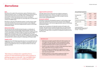 European cities forecast

Barcelona

Role                                                                             Opportunities and issues                                                        Annual hotel statistics
Barcelona is the capital of the autonomous region of Catalunya and an            The high volume of new rooms in the city is likely to continue to                                        2010A           2011F         2012F
important business centre. It is a popular destination for tourists from all     depress hotel performance. However, the political uncertainty in                Occupancy (%)               67.5          73.3            74.1
over Europe and its hotel structure reflects this. In 2010 Barcelona             North Africa is likely to have a beneficial effect on Spain’s tourism
welcomed 4.5 million international tourist arrivals, according to                                                                                                ADR                        110.8         112.8          114.2
                                                                                 sector overall, including Barcelona.
Euromonitor. It is an important port for cruise ships and a city with a lot of                                                                                   RevPAR                      74.8          82.7           84.7
activity in the MICE sector.                                                     Economic outlook
                                                                                 Barcelona is a key part of the Spanish economy. As well as being a major        % growth on previous year
Barcelona is a key part of the Spanish economy. As well as being a major         tourist hub, the Barcelona area accounts for around a sixth of Spanish          Occupancy (%)              8.4%          8.5%            1.1%
tourist hub, the Barcelona area accounts for around a sixth of Spanish           industrial production, and it attracts approximately a quarter of all foreign   ADR                        1.1%          1.7%           1.3%
industrial production, and attracts approximately a quarter of all foreign       investments to Spain.
investments to Spain.                                                                                                                                            RevPAR                     9.6%          10.4%          2.4%
                                                                                 Despite this, the weakness in the Spanish economy will weigh on the
                                                                                                                                                                 In local currency (Euros)
Historical trading                                                               economy. The government is putting through sharp cuts in government             Source: Econometric forecast: PwC 2011
Over the last few years, RevPAR declined sharply as a combination of             spending, property markets remain paralysed and the banking sector is           Benchmarking data: STR Global 2011
                                                                                                                                                                 A= Actual      F=Forecast
weaker demand and increasing supply impacted hoteliers. But the city             struggling. We expect little or no growth in the Spanish economy over the
remains very popular amongst travellers and occupancy is picking up again        next two years.
as prices fall (tumbling over 16% in 2009 according to data from STR
Global). The increasing number of low-cost flights to the city’s airport and
nearby Girona have been an important factor in stabilising demand. RevPAR
increased by 9.6% in 2010 to around €75, following a 23% drop in 2009.

Supply trends                                                                       Hotel forecast

Supply data from STR Global shows Barcelona has around 460 hotels and               • 2011 Q1 saw occupancy growth of 5% and in Q2 occupancy was
44,000 hotel rooms (as at July 2011). In addition, around 800 rooms are               15% higher than the year before. While our projections expect
listed as in the pipeline for the city. The majority of hotels are four-star/         occupancy to weaken sharply in the second half of the year, the
upscale and above.                                                                    strong Q2 should drive 8.5% occupancy growth in 2011.
                                                                                    • Overall we expect RevPAR to manage a double digit bounce-back in
                                                                                      2011, largely driven by the occupancy recovery.
                                                                                    • In 2012, occupancy and ADR growth is expected to be more
                                                                                      restrained. An ADR gain of 1.3% takes ADR to €114.2, still €16
                                                                                      lower than the peak in 2007.

“Barcelona is well placed to capitalise from a                                      • RevPAR continues to recover slowly creeping up to €84.7, an
                                                                                      encouraging trend but still low compared to past peaks.
recovery in international tourism and occupancy is
picking up again as rates fall – low cost flights have
been an important factor in stabilising demand ”




                                                                                                                                                                                           PwC Best placed to grow            27
 