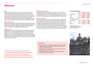 European cities forecast

Moscow

Role                                                                           Opportunities and issues                                                         Annual hotel statistics
Moscow is Russia’s financial centre and home to more than 600 of the           The World Cup in 2018, and the Winter Olympics at Sochi in 2014 are                                       2010A            2011F         2012F
1,250 credit institutions operating in the country. Nearly 80% of the          prestigious global events, which will attract fans and tourists and raise
                                                                                                                                                                Occupancy (%)               62.1           62.4           63.9
country’s financial resources are exchanged through the city’s financial       investor interest all over the world. In addition Moscow and St. Petersburg
system. Moscow is the most populated city in Europe, with a population of      will hold the 2016 International Ice Hockey (IIHF )World Championship.           ADR                     5,723.9          5,936.7       6,117.3
10.6 million in 2010. There are numerous places of architectural and                                                                                            RevPAR                  3,555.6          3,701.6       3,909.1
historic interest including museums, galleries and exhibition halls, as well   Economic outlook
                                                                                                                                                                % growth on previous year
as parks. About 3.6 million international tourists visited Moscow in 2010.     The Russian economy appears in relatively good health. Unemployment,
                                                                               which reached 9.4% during the recession has declined to 6.5%. GDP has            Occupancy (%)              9.2%            0.4%          2.5%
Historical trading                                                             been growing at an annualised rate of around 4% since the beginning of           ADR                      -10.1%            3.7%          3.0%
Moscow saw significant growth in occupancy but larger declines in ADR in       2010. But having experienced a relatively deep downturn in 2009, the             RevPAR                    -1.9%            4.1%          5.6%
2010, and as a consequence suffered a 1.9% fall in RevPAR. In contrast, the    economy is still smaller than it was in 2008. The other concern on the
first half of 2011 saw 5% occupancy gains and almost 8% ADR growth             horizon is the reliance on high oil prices. Two thirds of Russia’s exports and   In local currency (Roubles)
                                                                                                                                                                Source: Econometric forecast: PwC 2011
drive a 13% RevPAR boost, taking RevPAR to RUB 3,817.9.                        much of its tax receipts come from oil. A decline in the oil price would lead    Benchmarking data: STR Global 2011
                                                                               to a sharp deterioration in the trade balance and the government budget.         A= Actual      F=Forecast
Supply trends
According to data from STR Global, Moscow has 136 hotels with almost
36,000 rooms – some 700 rooms opened within the last 12 months. Over
half of the city’s accommodation stock comprises of 3-star hotels. STR
pipeline data in July 2011 lists 20 hotels with 4,600 rooms in the pipeline
for Moscow. If all the scheduled openings occur as planned, room numbers
in the capital will increase by more than 1,000 rooms in 2011, representing
a larger increase than in 2010.




                                                                                  Hotel forecast
                                                                                  • Occupancy is likely to struggle to absorb all the new hotel supply
                                                                                    additions in Moscow and we estimate only marginal growth in
                                                                                    2011 but 2.5% growth in 2012.
                                                                                  • ADR is expected to continue to recover in 2011 with a 3.7% gain
                                                                                    and further growth of 3% in 2012.
“In Moscow alone, there are just over 9,000                                       • RevPAR should turn positive again this year with just over 4%
international standard rooms, which is equivalent                                   growth and a further 5.6% in 2012.
to around ten per cent of the hotel rooms in
London, so there is still a terrific opportunity for
international hotel operators with a presence here”


                                                                                                                                                                                          PwC Best placed to grow             37
 