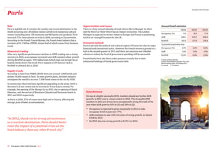 European cities forecast

Paris

Role                                                                           Opportunities and issues                                                            Annual hotel statistics
Paris is a global city. It remains the number one tourist destination in the   There is a busy annual calendar of trade shows like Le Bourget Air show                                      2010A           2011F         2012F
world attracting over 28 million visitors (2010) to its numerous cultural      and the Paris Car Show which has an impact on tourism. The London
                                                                                                                                                                   Occupancy (%)               77.6          76.9            77.4
venues (including some 130 museums and 463 parks and gardens). Paris           Olympics is expected to attract visitors to Europe and France is positioning
attracted 7.7m international arrivals in 2010, according to Euromonitor.       itself as an ‘overspill’ location for the UK.                                       ADR                       208.1          223.7          228.0
According to the French Tourist Bureau, the French hotel industry has a                                                                                            RevPAR                     161.6         171.9          176.4
turnover of €4.1 billion (2009), almost half of which comes from business      Economic outlook
                                                                                                                                                                   % growth on previous year
travel.                                                                        Paris is not only the political and cultural capital of France but also its major
                                                                               financial and commercial centre. However the French recovery ground to a            Occupancy (%)              4.5%          -1.0%           0.6%
Historical trading                                                             halt in the second quarter of 2011 and there are concerns over whether              ADR                        7.2%           7.5%           1.9%
After very significant performance declines in 2009, trading saw a strong      reforms to reduce the level of government spending will be successful.              RevPAR                   12.0%           6.4%            2.6%
recovery in 2010, as occupancy recovered and ADR enjoyed robust growth
                                                                               French banks have also been under pressure recently due to their
driving RevPAR up again. STR Global data (which does not include Accor                                                                                             In local currency (Euros)
                                                                               substantial holdings of Greek government debt.                                      Source: Econometric forecast: PwC 2011
hotels) clearly shows this trend. Paris enjoyed a 12% bounce back in                                                                                               Benchmarking data: STR Global 2011
RevPAR to almost €162 in 2010.                                                                                                                                     A= Actual      F=Forecast


Supply trends
According to data from INSEE (2010) there are around 1,466 hotels and
almost 78,000 rooms in Paris. To meet growth plans, the hotel industry
anticipates the need for an extra 7, 000 hotel rooms in the city by 2020.
In recent years there has been significant upgrading in the sector (with a
decrease in 2-star rooms and an increase in 4-star luxury rooms). For
example, the opening of the Shangri-La in 2010, the re-opening of Royal
Monceau, and the arrival of Mandarin Oriental and Peninsula hotels in             Hotel forecast
2011 and 2013 respectively.                                                       On top of a highly successful 2010, hoteliers should see further ADR
In Paris in 2010, 27% of rooms were high end or luxury, affecting the             growth, in 2011 and to a lesser extent in 2012. The strong RevPAR
average price of hotel accommodation.                                             numbers in 2011 are driven by an exceptionally strong first half of the
                                                                                  year when ADR grew by 10% in Q1 and 18% in Q2.
                                                                                  • Occupancy is expected to grow marginally in 2012 to take
                                                                                    occupancy levels to just over 77%.
                                                                                  • ADR continues to soar with two years of strong growth, to almost
“In 2012, thanks to its strong attractiveness                                       €228 by 2012.
                                                                                  • RevPAR also sees strong growth to €176.4 in 2012.
as a tourism destination, Paris should better
resist the impact of a potential crisis on the
hotel industry than any other French city”




38 European cities hotel forecast PwC
 