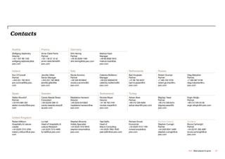 Contacts

Austria                    France                   Germany
Wolfgang Vejdovsky         Anne-Claire Ferrie       Dirk Hennig              Markus Hauk
Director                   Partner                  Partner                  Manager
+43 1 501 88 1150          +33 1 56 57 12 42        +49 30 2636-1166         +49 69 9585 5910
wolfgang.vejdovsky@at.     anne-claire.ferrie@fr.   dirk.hennig@de.pwc.com   markus.hauk@de.
pwc.com                    pwc.com                                           pwc.com


Ireland                                             Italy                                             Netherlands             Russia
Ann O’Connell              Jennifer Gillen          Nicola Anzivino          Caterina Moliterno       Bart Kruijssen          Robert Gruman         Oleg Malyshev
Partner                    Senior Manager           Partner                  Manager                  Partner                 Partner               Partner,
+353 (0)1 792 8512         +353 (0)1 792 8856       +39 348 8519842          +39 (0)2 80646378        +31 88 792 6037         +7 495 232 5725       +7 495 967 6138
ann.oconnell@ie.pwc.       jennifer.gillen@ie.      nicola a anzivino@it.    caterina.moliterno@it.   bart.kruijssen@nl.      robert.gruman@ru.     oleg.malyshev@ru.
com                        pwc.com                  pwc.com                  pwc.com                  pwc.com                 pwc.com               pwc.com


Spain                      Sweden                                            Switzerland              Turkey
Stefan Mundorf             Carola Näsdal Skarp      Madeleine Hansson        Nicolas Mayer            Adnan Akan              Bilgütay Yasar        Engin Alioglu
Partner                    Consultant               Director                 Director                 Partner                 Partner               Partner
+34 915 685 202            +46 (0)250 289 12        +46 (0)40 6412822        +41 58 792 2191          +90 212 326 6260        +90 212 326 6414      +90 212 376 53 06
stefan.mundorf@es.pwc.     carola.naesdal.skarp@    madeleine.hansson@se.    nicolas.mayer@ch.        adnan.akan@tr.pwc.com   bilgutay.yasar@tr.    engin.alioglu@tr.pwc.com
com                        se.pwc.com               pwc.com                  pwc.com                                          pwc.com



United Kingdom
Robert Milburn             Liz Hall                 Stephen Broome           Yael Selfin              Richard Snook           Northern Ireland      Scotland
Hospitality & Leisure      Head of Hospitality &    Hotels Specialist        Head of                  Economist               Stephen Curragh       Bruce Cartwright
Leader                     Leisure Research         +44 (0)20 7212 8510      Macro Consulting         +44 (0)20 7212 1195     Partner               Partner
+44 (0)20 7212 4784        +44 (0)20 7213 4995      stephen.broome@uk.       +44 (0)20 7804 7630      richard.snook@uk.       +44 (0)8 9041 5495    +44 (0)131 260 4087
robert.j.milburn@uk.pwc.   liz.hall@uk.pwc.com      pwc.com                  yael.selfin@uk.pwc.com   pwc.com                 stephen.curragh@uk.   bruce.cartwright@uk.
com                                                                                                                           pwc.com               pwc.com




                                                                                                                                                     PwC Best placed to grow   47
 