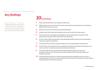 Key findings
                                10         key findings
                                1.    Despite unsettled times hotels remain a bright and resilient sector.
“Most markets bounced back
                                2.    Different themes play out across the cities but most have bounced back from the past downturn, when declines in
in 2010 and 2011, although            RevPAR of 20% or more were common.
many still remain below their
pre-recession RevPAR peaks”     3.    Still, hotels in many cities remain below pre-recession RevPAR peaks.

                                4.    Cities like London, Paris, Istanbul and Amsterdam stand out from the crowd with strong recoveries.

                                5.    The five cities forecast to show highest annual RevPAR growth from 2010 to 2012 are: Stockholm (11.3%),
                                      Istanbul (10.0%), Amsterdam (9.0%), Dublin (8.8%) and London (8.3%).

                                6.    For 2011, Istanbul, Dublin and Amsterdam will enjoy double digit RevPAR growth but by 2012 only Stockholm is
                                      expected to see growth in double figures.

                                7.    In other cities where the economic outlook is less bright we see a less inviting outlook for the hotels sector.

                                8.    A word of caution: the star quality of the cities analysed may not be indicative of the state of the hotel sector in the
                                      country as a whole – key cities tend to perform better than provincial locations.

                                9.    There will be support for those cities with relatively resilient domestic economies and in some cases
                                      geo-political events such as the ‘Arab Spring’ may continue to benefit alternative tourism destinations, such
                                      as Istanbul or Barcelona.

                                10.   The impact of austerity measures on consumer, corporate and government spending on travel is a concern. A
                                      continued business travel recovery is crucial to deliver the growth we forecast, but inevitably the economic slowdown
                                      and sovereign debt crisis will weigh on this sector.




                                                                                                                                            PwC Best placed to grow   5
 