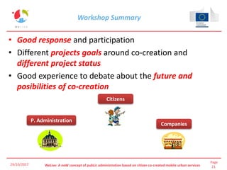 Page
21WeLive: A neW concept of pubLic administration based on citizen co-created mobile urban services
Workshop Summary
• Good response and participation
• Different projects goals around co-creation and
different project status
• Good experience to debate about the future and
posibilities of co-creation
29/10/2017
Citizens
Companies
P. Administration
 