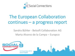 The	European	Collaboration	
continues	– a	progress	report
Sandra	Bühler - Belsoft	Collaboration	AG
Marta	Alvarez	de	la	Campa – Eurapco
 
