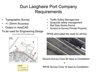 Dun Laoghaire Port Company
Requirements
• Topographic Survey
• +/- 25mm Accuracy
• Output in AutoCAD
To be used for Engineering Design
RPAS eliminated the need for all this!
• Traffic Safety Management
• Quayside safety management
• Rail Side Works Permit
• Access to Survey Private Property
Ground Survey Crew 80 days to Completion
RPAS Survey Crew 10 days to Completion
v
 