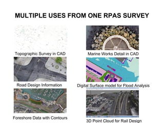 MULTIPLE USES FROM ONE RPAS SURVEY
Digital Surface model for Flood Analysis
3D Point Cloud for Rail Design
Marine Works Detail in CAD
Road Design Information
Topographic Survey in CAD
Foreshore Data with Contours
 