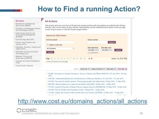 20 
How to Find a running Action? 
http://www.cost.eu/domains_actions/all_actions 
 