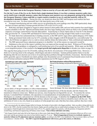 September 6, 2011

Topics: The debt crisis in the European Monetary Union as seen by a 9-year old, and US recession risks
For the last 2 years, if the Eye on the Market had a single dominant theme, it was that a common monetary policy does
not by itself create a durable monetary union; that European asset markets were not adequately pricing in the risk that
the European Monetary Union could fail, or require massive transfers to save it; and that austerity with no FX
devaluation is doomed to failure. During this time, our skepticism about the EMU and European asset markets has been
rewarded at every turn. For those interested, here’s the latest grisly news of the week….
  •     European manufacturing and new orders surveys are generating the worst readings since May 2009 (particularly sharp
  declines in France and Italy); German growth fell from 5.0% in Q1 to 0.5% in Q2
  •     Both Italy and Spain struggled in August to attract interest in their public debt, and now both countries face much bigger
  auction schedules in the fall. Spanish and Italian banks also have large funding needs which are likely to be a problem if their
  respective sovereigns cannot borrow from the debt markets. Asian buying is critical; Spain relies on Asia for 5x the demand
  they get from the US. Current IMF and bilateral EU borrowing facilities are not big enough if Italy needs to access them.
  •     EU bank shares have plummeted due to funding concerns, as the IMF and EU argue about capital adequacy of EU banks
  •     Italian government bond yields rose by 0.5% yesterday as Italy struggles with ECB demands for a zero-deficit plan1 by
  2013; the ECB does not appear to be in a rush to restore stability before the Italian plan is “fully confirmed and implemented”
  •     The IMF-sponsored Greece adjustment program is in shambles2, for all the reasons we expected it would be
  •     Imbalances at the root of the region’s problems have not improved fast enough (see chart). Without an FX devaluation
  to close the gap, the periphery is consigned to a self-reinforcing cycle of low growth and austerity. While many see the EMU
  as an integration project, it has resulted in the largest growth and employment disparities in decades (see charts on page 5).
This saga has been going on now for 24 months, making it the Berlin Alexanderplatz of Sovereign Debt Crises. However, I
think we’re moving closer to the end-game, which begins and ends in Germany. German political parties likely to run the
Bundestag after the next elections are in favor of socializing these problems through Eurobonds, if necessary. But the German
public generally opposes Eurobonds (see chart), perhaps since the potential cost of a permanent fiscal transfer union rivals the
cost of German unification and post-WWI Versailles reparations (see EoTM August 6, 2011).
     Something's still rotten near Denmark                                        No Federalization without Representation?
     Current account deficit, % of GDP                                            Percent of Bundestag, and percent of German population
    4%                                                                            80%                                        German voters:
                                             Euro exchange rate fixed
              France, Germany, U.K.                                               70%
    2%
                                                                                  60%         German politicians:
    0%                                                                                            Left Party
                                                                                  50%
    -2%                                                                           40%               Greens
    -4%                                                                           30%
                Greece, Italy, Ireland,
                Portugal, Spain                                                   20%
    -6%                                                                                              SPD
                                                                                  10%
    -8%                                                                           0%
       1975       1980      1986          1991   1997      2002     2008                      In favor of Eurobonds           Opposed to Eurobonds

    Source: OECD, J.P. Morgan Private Bank, U.K. Office of National Statistics.   Source: Der Spiegel, TNS Emnid Global Market Research, N24 Media GmbH.

The end-game is mostly about who pays for the accumulated, unrealized losses of the last decade, and who finances the
transition to whatever comes next. Markets are nervous, since Europe has not figured this out yet. To examine the various
factions, I consulted Peter Cembalest, who specializes in conceptualization of such phenomena. Peter (age 9) uses Lego
Minifigures as a medium, and assisted me with the diorama on the next page. It identifies the 12 players in the EMU Debt
Crisis most likely to affect policy from here; red lines indicate who each entity believes should be stuck with the cost. The
attribution of views is my own, based on an analysis of what people have said, what they have done, and how they have voted.

1
 Italy runs practically the tightest budget deficit in Europe; the burden of prior debt is the bigger problem. Italy was able to bring debt levels
down in the 1990’s, but this resulted from four factors: higher growth resulting from an undervalued exchange rate from 1992 to 1997; EMU
convergence which brought down interest rates from 12% to 3%; popular support for austerity, with the promise of integration and all it
would bring; and financial engineering (off balance sheet swaps). None of these tailwinds exist today.
2
  July/August Greek retail sales fell at the fastest rate in three years, bank deposit flight continues, its privatization efforts are off to a very
slow start, and the government may miss its fiscal deficit target by 1% or so. What is happening in Greece is a textbook response to
austerity without an FX adjustment and easy monetary policy, according to the IMF’s own handbook (“Macroeconomic Effects of Fiscal
Consolidation”, October 2010). The IMF’s reported disappointment with Greece, given this context, is ridiculous.

                                                                                                                                                           1
 