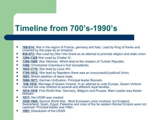 Timeline from 700’s-1990’s 768-814:  War in the region of France, germany and Italy. Lead by King of franks and crowned by the pope as an emperor. 936-973:  War Lead by Otto I the Great as an attempt to promote religion and state union.  1294-1328  War Lead by Chales IV.  1300-1908 : War Ottoman. Which lead to the creation of Turkish Republic. 1492:  Christopher Columbus’s first transatlantic.  1643-1715:  War lead by Louis XIV. 1795-1812:  War lead by Napoleon there was an unsuccessful political Union. 1807:  British abolition of slave trade.  1866-1871:  German Unification. Principal leader Bismark.  538-1918:  Marriage of Queen Victoria. In an attempt to unite Europe, Queen Victoria married her nine children to several and different royal families.  1914-1918 : First World War; Germany, Belgium and Prussia. Main Leader was Kaiser Wilhelm. 1917:  the USSR was created.  1939-1945:  Second World War ; Most European union involved, but England, Switzerland, Spain, Egypt, Palestine and most of the far eastern Roman Empire were not captured. Principal leader was Hitler. 1991:  Dissolution of the USSR. 
