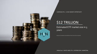 $12 TRILLION
Estimated ETF market size in 5
years
https://www.investopedia.com/news/blackrock-these-trends-will-drive-etf-growth/
EUROPEAN ETFs – A HIGH GROWTH OPPORTUNITY
HANetf.com | WHITE LABEL ETFs | DISTRIBUTION | MARKETING
 