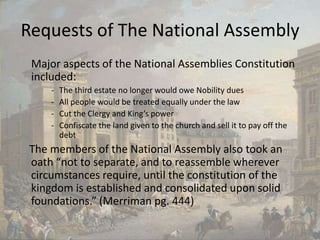 Requests of The National Assembly	Major aspects of the National Assemblies Constitution included: The third estate no longer would owe Nobility dues