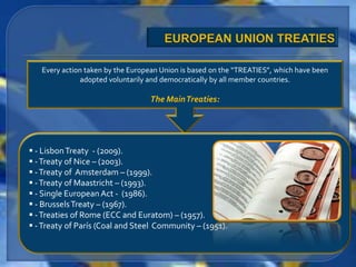 Every action taken by the European Union is based on the “TREATIES”, which have been
              adopted voluntarily and democratically by all member countries.

                                  The MainTreaties:




 - Lisbon Treaty - (2009).
 - Treaty of Nice – (2003).
 - Treaty of Amsterdam – (1999).
 - Treaty of Maastricht – (1993).
 - Single European Act - (1986).
 - Brussels Treaty – (1967).
 - Treaties of Rome (ECC and Euratom) – (1957).
 - Treaty of París (Coal and Steel Community – (1951).
 