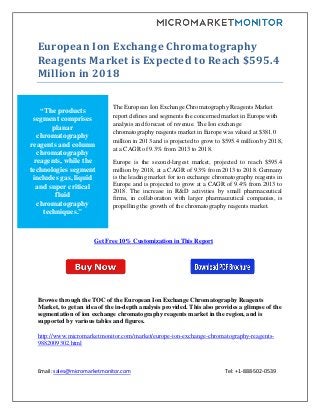 Email: sales@micromarketmonitor.com Tel: +1-888-502-0539
European Ion Exchange Chromatography
Reagents Market is Expected to Reach $595.4
Million in 2018
The European Ion Exchange Chromatography Reagents Market
report defines and segments the concerned market in Europe with
analysis and forecast of revenue. The Ion exchange
chromatography reagents market in Europe was valued at $381.0
million in 2013 and is projected to grow to $595.4 million by 2018,
at a CAGR of 9.3% from 2013 to 2018.
Europe is the second-largest market, projected to reach $595.4
million by 2018, at a CAGR of 9.3% from 2013 to 2018. Germany
is the leading market for ion exchange chromatography reagents in
Europe and is projected to grow at a CAGR of 9.4% from 2013 to
2018. The increase in R&D activities by small pharmaceutical
firms, in collaboration with larger pharmaceutical companies, is
propelling the growth of the chromatography reagents market.
Get Free 10% Customization in This Report
Browse through the TOC of the European Ion Exchange Chromatography Reagents
Market, to get an idea of the in-depth analysis provided. This also provides a glimpse of the
segmentation of ion exchange chromatography reagents market in the region, and is
supported by various tables and figures.
http://www.micromarketmonitor.com/market/europe-ion-exchange-chromatography-reagents-
9882009302.html
“The products
segment comprises
planar
chromatography
reagents and column
chromatography
reagents, while the
technologies segment
includes gas, liquid
and super critical
fluid
chromatography
techniques."
 