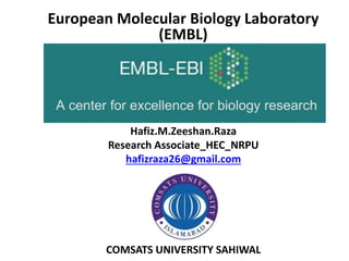 European Molecular Biology Laboratory
(EMBL)
Hafiz.M.Zeeshan.Raza
Research Associate_HEC_NRPU
hafizraza26@gmail.com
COMSATS UNIVERSITY SAHIWAL
 