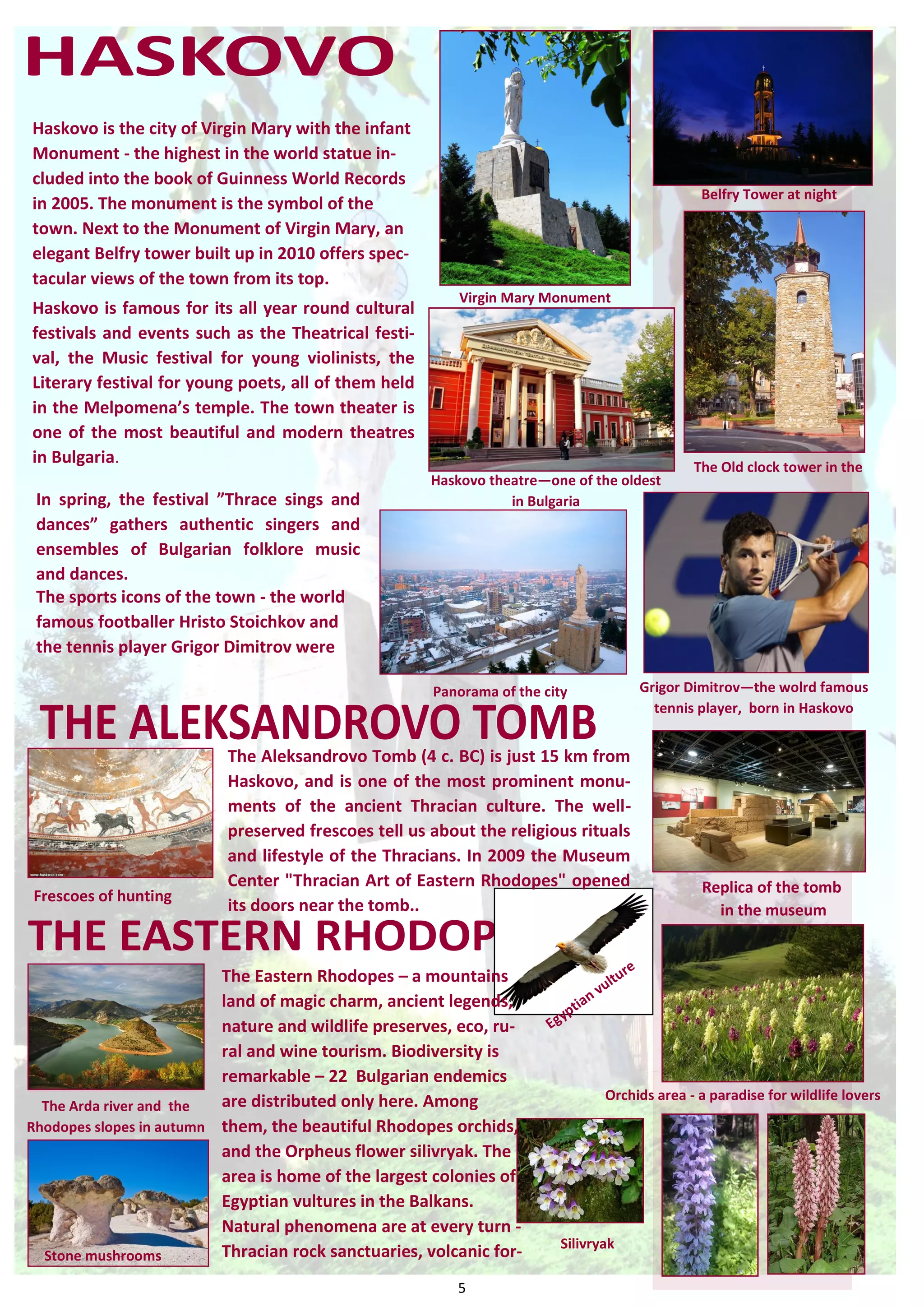 5 
Virgin Mary Monument 
Belfry Tower at night 
The Old clock tower in the 
Haskovo theatre—one of the oldest in Bulgaria 
Grigor Dimitrov—the wolrd famous tennis player, born in Haskovo 
Panorama of the city 
Orchids area - a paradise for wildlife lovers 
Silivryak 
Stone mushrooms 
The Arda river and the Rhodopes slopes in autumn 
Egyptian vulture 
Frescoes of hunting 
Replica of the tomb 
in the museum 
Haskovo is the city of Virgin Mary with the infant Monument - the highest in the world statue in- cluded into the book of Guinness World Records in 2005. The monument is the symbol of the town. Next to the Monument of Virgin Mary, an elegant Belfry tower built up in 2010 offers spec- tacular views of the town from its top. 
Haskovo is famous for its all year round cultural festivals and events such as the Theatrical festi- val, the Music festival for young violinists, the Literary festival for young poets, all of them held in the Melpomena’s temple. The town theater is one of the most beautiful and modern theatres in Bulgaria. 
The Aleksandrovo Tomb (4 c. BC) is just 15 km from Haskovo, and is one of the most prominent monu- ments of the ancient Thracian culture. The well- preserved frescoes tell us about the religious rituals and lifestyle of the Thracians. In 2009 the Museum Center "Thracian Art of Eastern Rhodopes" opened its doors near the tomb.. 
The Eastern Rhodopes – a mountains land of magic charm, ancient legends, nature and wildlife preserves, eco, ru- ral and wine tourism. Biodiversity is remarkable – 22 Bulgarian endemics are distributed only here. Among them, the beautiful Rhodopes orchids, and the Orpheus flower silivryak. The area is home of the largest colonies of Egyptian vultures in the Balkans. 
Natural phenomena are at every turn - Thracian rock sanctuaries, volcanic for- 
In spring, the festival ”Thrace sings and dances” gathers authentic singers and ensembles of Bulgarian folklore music and dances. 
The sports icons of the town - the world famous footballer Hristo Stoichkov and the tennis player Grigor Dimitrov were  