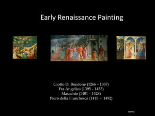 Early Renaissance Painting
Giotto Di Bondone (1266 – 1337)
Fra Angelico (1395 – 1455)
Masachio (1401 – 1428)
Piero della Franchesca (1415 - 1492)
menu
 