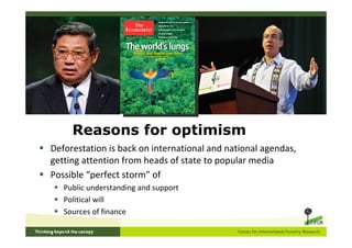 Reasons for optimism
Deforestation is back on international and national agendas,
getting attention from heads of state to popular media
Possible “perfect storm” of
   Public understanding and support
   Political will
   Sources of finance
 