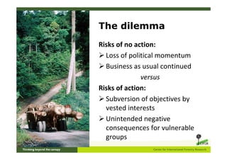 The dilemma
Risks of no action:
  Loss of political momentum
  Business as usual continued
              versus
Risks of action:
  Subversion of objectives by
  vested interests
  Unintended negative
  consequences for vulnerable
  groups
 