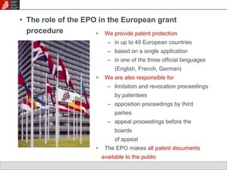• The role of the EPO in the European grant 
procedure • We provide patent protection 
– in up to 40 European countries 
– based on a single application 
– in one of the three official languages 
(English, French, German) 
• We are also responsible for 
– limitation and revocation proceedings 
by patentees 
– opposition proceedings by third 
parties 
– appeal proceedings before the 
boards 
of appeal 
• The EPO makes all patent documents 
available to the public 
 