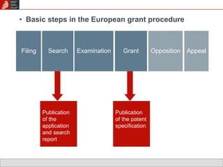 • Basic steps in the European grant procedure 
Filing Search 
Examination Grant Opposition Appeal 
Publication 
of the 
application 
and search 
report 
Publication 
of the patent 
specification 
 