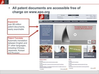 • All patent documents are accessible free of 
charge on www.epo.org 
Espacenet 
over 88 million 
patent documents, 
easily searchable 
Patent Translate 
Automatic translation 
between English and 
31 other languages, 
including Chinese, 
Japanese, Korean 
and Russian. 
 