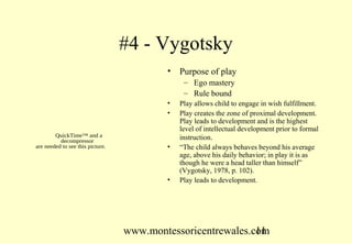 #4 - Vygotsky
                                          •   Purpose of play
                                               – Ego mastery
                                               – Rule bound
                                          •   Play allows child to engage in wish fulfillment.
                                          •   Play creates the zone of proximal development.
                                              Play leads to development and is the highest
                                              level of intellectual development prior to formal
        QuickTime™ and a                      instruction.
          decompressor
are needed to see this picture.           •   “The child always behaves beyond his average
                                              age, above his daily behavior; in play it is as
                                              though he were a head taller than himself”
                                              (Vygotsky, 1978, p. 102).
                                          •   Play leads to development.




                                  www.montessoricentrewales.com
                                                             11
 