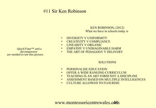 #11 Sir Ken Robinson


                                                      KEN ROBINSON, (2012)
                                                    What we have in schools today is

                                      •   DIVERSITY V UNIFORMITY
                                      •   CREATIVITY V COMPLIANCE
                                      •   LINEARITY V ORGANIC
        QuickTime™ and a              •   EMPATHY V UNIMAGINABLE HARM
          decompressor                •   THE ART OF PEDAGOGY V DELIVERY
are needed to see this picture.

                                                             SOLUTIONS

                                      •   PERSONALISE EDUCATION
                                      •   OFFER A WIDE RANGING CURRICULUM
                                      •   TEACHING IS AN ART FORM NOT A DISCIPLINE
                                      •   ASSESSMENT BASED ON MULTIPLE INTELLIGENCES
                                      •   CULTURE ALLOWED TO FLOURISH




                                   www.montessoricentrewales.com
                                                              40
 