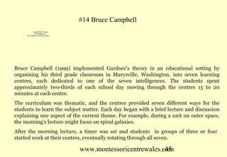 #14 Bruce Campbell
             QuickTime™ and a
               decompressor
     are needed to see this picture.




Bruce Campbell (1999) implemented Gardner’s theory in an educational setting by
organising his third grade classroom in Marysville, Washington, into seven learning
centres, each dedicated to one of the seven intelligences. The students spent
approximately two-thirds of each school day moving through the centres 15 to 20
minutes at each centre.
The curriculum was thematic, and the centres provided seven different ways for the
students to learn the subject matter. Each day began with a brief lecture and discussion
explaining one aspect of the current theme. For example, during a unit on outer space,
the morning’s lecture might focus on spiral galaxies.
After the morning lecture, a timer was set and students in groups of three or four
started work at their centres, eventually rotating through all seven.

                                       www.montessoricentrewales.com
                                                                  45
 