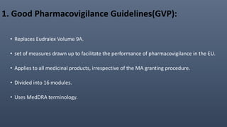 1. Good Pharmacovigilance Guidelines(GVP):
• Replaces Eudralex Volume 9A.
• set of measures drawn up to facilitate the performance of pharmacovigilance in the EU.
• Applies to all medicinal products, irrespective of the MA granting procedure.
• Divided into 16 modules.
• Uses MedDRA terminology.
 