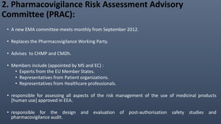 2. Pharmacovigilance Risk Assessment Advisory
Committee (PRAC):
• A new EMA committee-meets monthly from September 2012.
• Replaces the Pharmacovigilance Working Party.
• Advises to CHMP and CMDh.
• Members include (appointed by MS and EC) :
• Experts from the EU Member States.
• Representatives from Patient organizations.
• Representatives from Healthcare professionals.
• responsible for assessing all aspects of the risk management of the use of medicinal products
[human use] approved in EEA.
• responsible for the design and evaluation of post-authorisation safety studies and
pharmacovigilance audit.
 