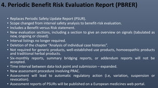 4. Periodic Benefit Risk Evaluation Report (PBRER)
• Replaces Periodic Safety Update Report (PSUR).
• Scope changed from interval safety analysis to benefit-risk evaluation.
• Includes a Benefit versus Risk statement.
• New evaluation sections, including a section to give an overview on signals (tabulated as
new, ongoing or closed).
• Interval listings no longer required.
• Deletion of the chapter “Analysis of individual case histories”.
• Not required for generic products, well-established use products, homoeopathic products
and traditional herbal products.
• Six-monthly reports, summary bridging reports, or addendum reports will not be
accepted.
• Time interval between data-lock point and submission – expanded.
• New assessment procedure involving PRAC.
• Assessment will lead to automatic regulatory action (i.e, variation, suspension or
revocation).
• Assessment reports of PSURs will be published on a European medicines web portal.
 